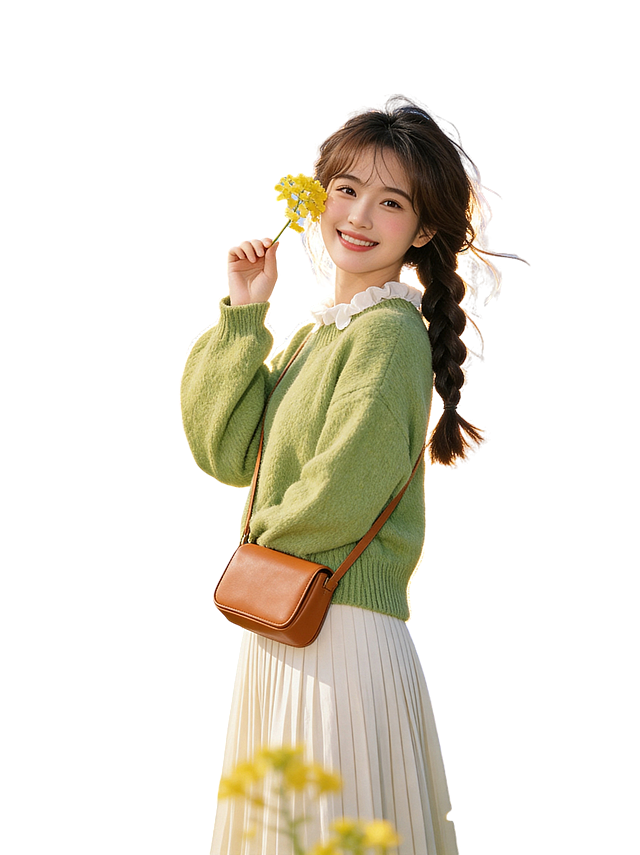 生成元气明媚春日少女写真，仅保留参考图1人物脸型、年龄等特征，忽略参考图中的配饰，清新治愈系元气明媚风格，高明度暖调黄绿主色，色彩浓郁鲜活，明亮阳光穿透感，侧逆光勾勒金边，广角中景带入更多环境元素，元气满满生机勃勃，干净治愈松弛自然；清透奶油肌，真实皮肤纹理，白皙通透，细腻无瑕，侧麻花辫发型，发丝轻盈有空气感；单手轻举小黄花贴近脸颊，笑容灿烂甜美，眼神明亮灵动，自然抓拍感；淡妆伪素颜，清透底妆，粉嫩唇色，淡粉色腮红；身穿嫩绿色软糯圆领针织毛衣，内搭白色木耳领衬衫，下搭米白色百褶长裙，斜挎焦糖色迷你皮质手提包；置身春日油菜花田，金黄色花海延伸至远方，蓝天白云，微风拂过花田，前景有虚化油菜花，蝴蝶飞舞；三分法构图，中景全身，自然平视角度；分辨率4k，电影级光影质感，商业人像摄影级别，画面比例3:4
