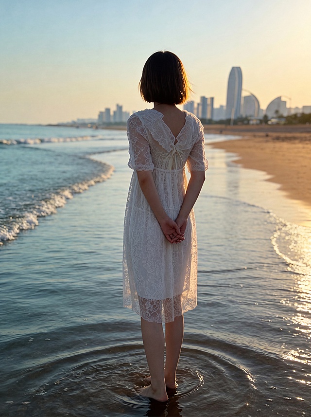 请将参考图2的【白色蕾丝连衣裙】1:1还原其款式、颜色、材质、剪裁、图案、版型、蕾丝纹理、后背V领系带、中袖设计、中长裙长等所有细节，穿到参考图1的模特身上；完全保持参考图1模特的身姿、发型、体型、背对镜头的姿态、双手在背后交握的动作、双脚站在浅水中的状态不变；模特身上参考图2未覆盖的部位严格保持参考图1原样；画面背景、海边城市天际线、黄昏金色光线、海浪、沙滩、构图、景别严格保持参考图1原样，去除画面底部的vivo水印和Photographer文字。