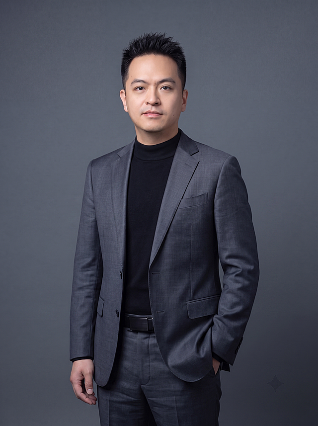 保留人物面部、发型、年龄等特征不变，更换为更自然帅气的动作：右手轻插西裤口袋，左手自然垂于身侧，身体微微侧转，肩颈放松，姿态从容自信，更显随性高级。服装升级为更高质感的深灰色精纺羊毛混纺西装，面料细腻有柔光垂坠感，版型修身利落，平驳领精致，西装褶皱自然真实，内搭黑色中领针织衫质感细腻，西裤笔挺垂顺，整体高级感更强。背景保持简约冷调深灰色纯色，光线均匀柔和，强化人物轮廓与服装质感。标准焦段50mm，f/4光圈，平视视角，人物居中，半身像构图，入境范围头部至臀部下方10cm。写实摄影，高清细节，皮肤质感自然，眼神坚定有神，表情自然放松，整体气质更帅更自然。