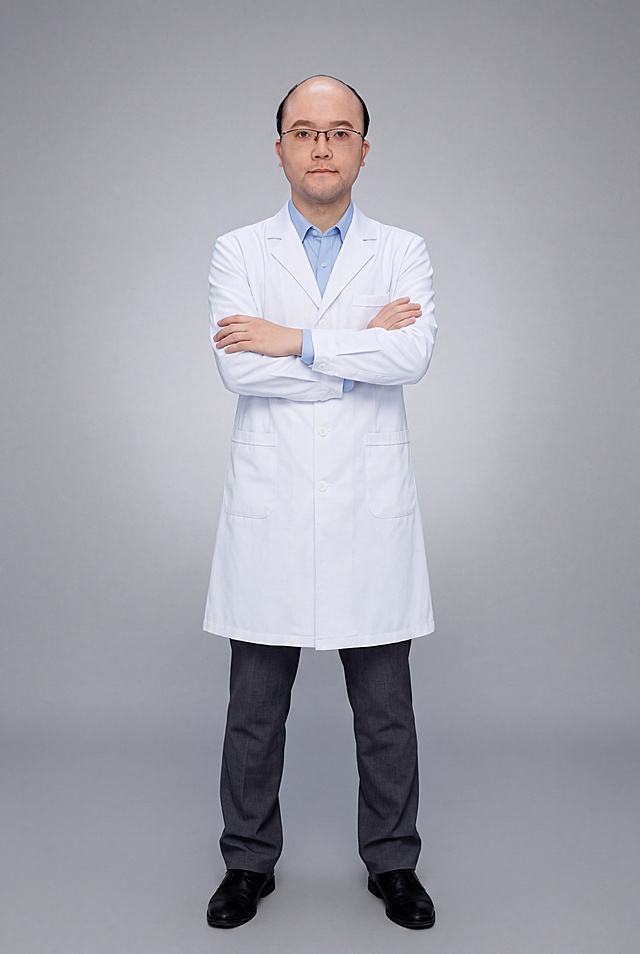 参考图中人物面部特征，生成全身人像。保留原图人物的五官比例、脸型轮廓、眼镜样式、发型发色、面部表情，保持真实辨识度。身穿合体白色医学科研实验服白大褂，内搭浅蓝色商务衬衫，下装深色西裤。双手自然环抱于胸前，双腿自然分开与肩同宽站立，姿态挺拔从容。背景为干净的浅灰色渐变，正面全身视角，专业学术会议人像摄影风格，电影级布光，柔和自然光，高清晰度，真实皮肤质感，保留皮肤纹理。标准焦段50mm，f/4光圈，平视视角，人物居中构图，全身照展现完整身形，画面比例2:3。