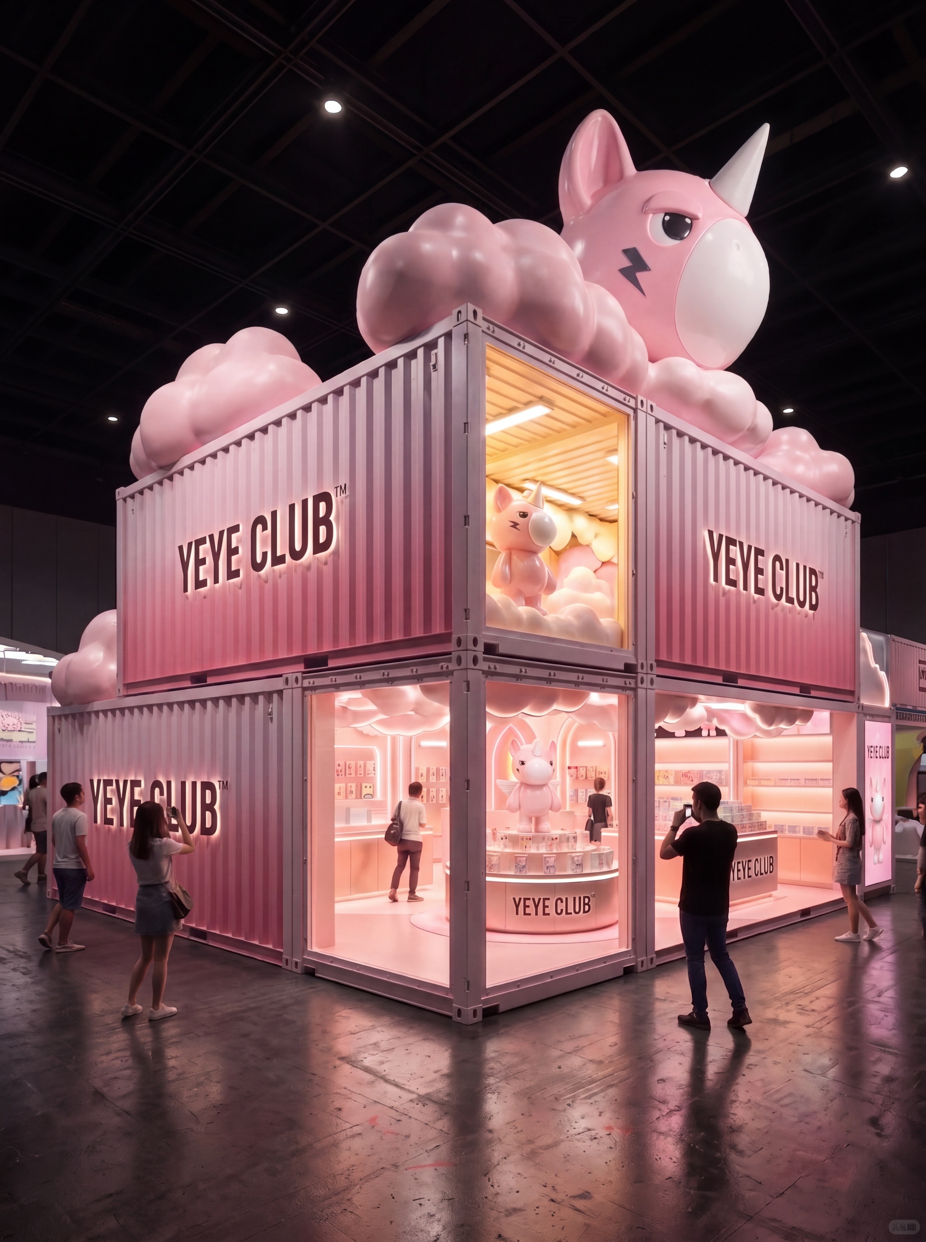 将这个YEYE CLUB粉色独角兽快闪店设计与集装箱形式结合，… - 图片创意预览