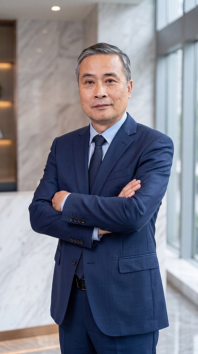 基于参考图中的男性本人形象，生成一张60岁男性商务形象照，全身到小腿位置，人物双手抱胸，高度还原本人面部特征，保留真实皮肤细节与纹理，身穿藏青色西服套装，内搭衬衫，气质成熟稳重，专业商务形象照风格，光线柔和均匀，背景简洁大气，超高清质感，细节丰富