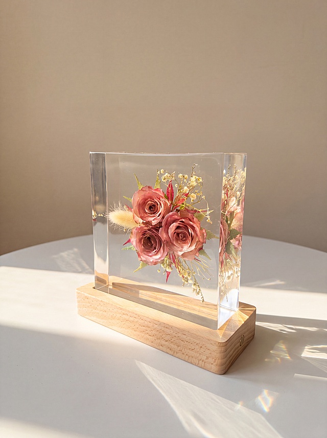 产品为正方形树脂干花摆件，包含正方形透明树脂块和原木底座，干花为三朵豆沙粉色玫瑰搭配狗尾草、红叶和浅色满天星。保持产品主体物理结构绝对不变，不改变产品结构，产品中每张图只出现一次。树脂部分必须清亮透明犹如玻璃，画面干净无浮尘物。放置在浅白色哑光台面上，侧光拍摄，阳光从侧面照射，增强透光感，阳光透过透明树脂形成美丽的光斑。背景是浅米色墙面，干净简洁。侧视角度构图，展示产品侧面透光质感。柔和暖调阳光，低对比度。商业级4K摄影，画面通透干净，符合国内电商种草风格。保持3:4画面比例。负向词：西方面孔,金发,深眼窝,雀斑,杂乱房间,死黑阴影,硬光,乡村风,高对比度,欧美妆容,变形,扭曲,穿模,重叠,比例失调,浮尘,脏污,树脂浑浊,多个产品