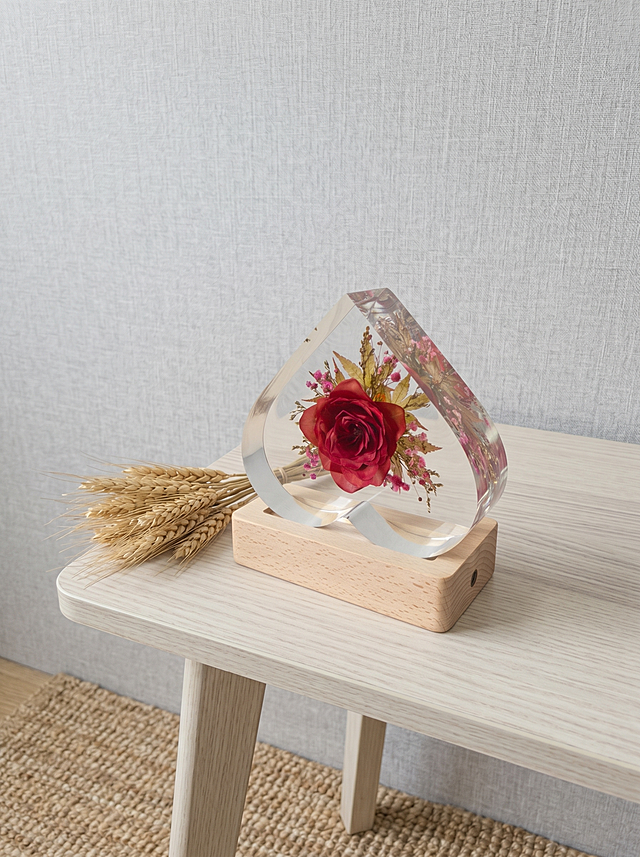 产品为心形树脂干花摆件，包含心形透明树脂块和原木底座，干花为一朵正红色玫瑰搭配枫叶和粉色配草。保持产品主体物理结构绝对不变，不改变产品结构，产品中每张图只出现一次。树脂部分必须清亮透明犹如玻璃，画面干净无浮尘物。放置在浅原木纹理北欧风边桌上，背景是浅灰亚麻布艺墙面，角落放置天然亚麻地毯，北欧自然风空间。漫射柔和自然光，低饱和度色调，阴影清淡。三分法构图，微俯视拍摄。旁边搭配一小束天然干麦穗，增加自然生机。商业级4K摄影，画面通透干净，符合国内电商种草风格。保持3:4画面比例。负向词：西方面孔,金发,深眼窝,雀斑,杂乱房间,死黑阴影,硬光,乡村风,高对比度,欧美妆容,变形,扭曲,穿模,重叠,比例失调,浮尘,脏污,树脂浑浊,多个产品