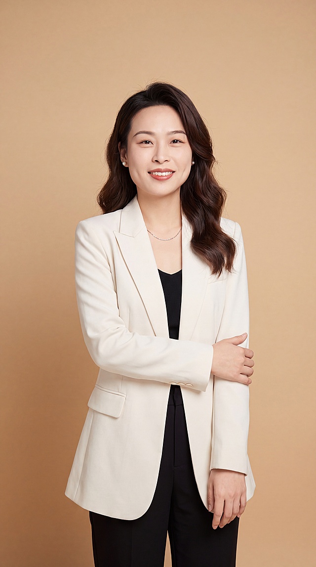 基于参考图中的女性本人面部特征，生成竖版商业职业形象写真，七分人像拍到大腿位置，30岁东亚知性女性，高度还原本人面部特征，站姿，身体微微侧转，一只手臂横放在身前，另一只手臂自然垂落，正视镜头自然微笑。深棕色韩式侧分长波浪卷发，佩戴小巧珍珠耳钉和简约细锁骨项链。身穿剪裁垂顺米白色修身西装外套搭配黑色下装。纯色浅暖米色影棚背景，专业柔光棚拍，面部光影过渡柔和，保留真实皮肤肌理，不过度磨皮，高清细腻，胶片人像质感，知性温婉干练亲和，主持人企业家形象，画面上下留有留白。避免卡通、动漫、畸形五官、手部变形、浓艳彩妆、厚重滤镜、塑料假皮肤、杂乱背景、水印文字、多余物体