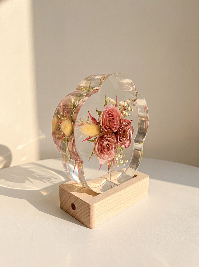 产品为梅花形树脂干花摆件，包含梅花形透明树脂块和原木底座，干花为三朵豆沙粉色玫瑰搭配狗尾草和浅色配草。保持产品主体物理结构绝对不变，不改变产品结构，产品中每张图只出现一次。树脂部分必须清亮透明犹如玻璃，画面干净无浮尘物。放置在浅白色哑光台面上，侧光拍摄，阳光从侧面照射，增强透光感，阳光透过透明树脂形成美丽的光斑。背景是浅米色墙面，干净简洁。侧视角度构图，展示产品侧面透光质感。柔和暖调阳光，低对比度。商业级4K摄影，画面通透干净，符合国内电商种草风格。保持3:4画面比例。负向词：西方面孔,金发,深眼窝,雀斑,杂乱房间,死黑阴影,硬光,乡村风,高对比度,欧美妆容,变形,扭曲,穿模,重叠,比例失调,浮尘,脏污,树脂浑浊,多个产品