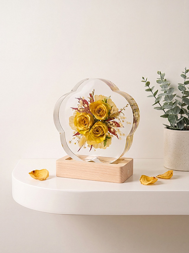 产品为梅花形圆形树脂干花摆件，包含梅花形透明树脂块和原木底座，干花为三朵金色玫瑰搭配红叶和浅色满天星。保持产品主体物理结构绝对不变，不改变产品结构，产品中每张图只出现一次。树脂部分必须清亮透明犹如玻璃，画面干净无浮尘物。放置在奶白色弧形置物隔板，背景是柔和奶白色墙面，法式奶油风空间。全屋漫射柔光，浅暖低对比度，阴影柔和清淡。居中平视构图。旁边点缀一株小型尤加利绿植，桌面散落两片干枯玫瑰花瓣。商业级4K摄影，画面通透干净，符合国内电商种草风格。保持3:4画面比例。负向词：西方面孔,金发,深眼窝,雀斑,杂乱房间,死黑阴影,硬光,乡村风,高对比度,欧美妆容,变形,扭曲,穿模,重叠,比例失调,浮尘,脏污,树脂浑浊,多个产品