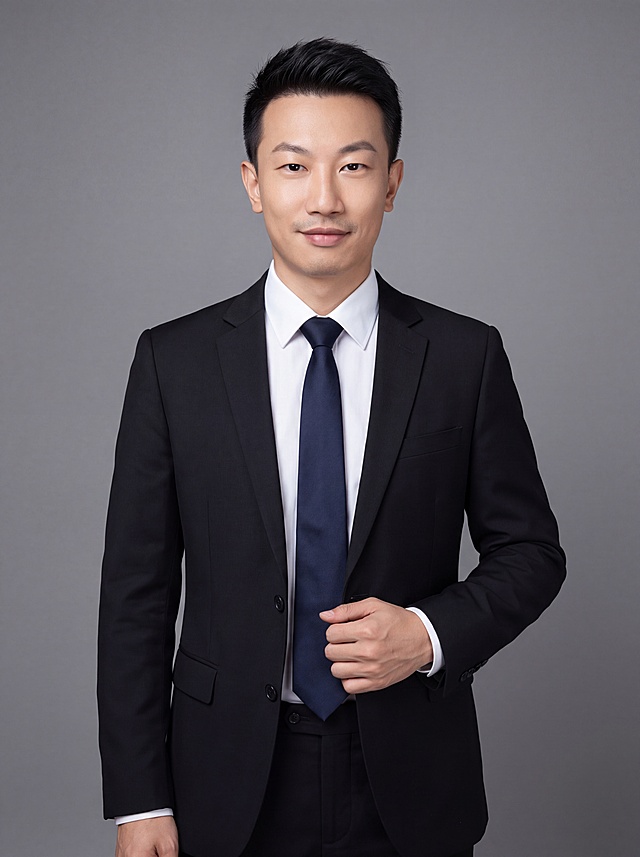 参考图中保留人物脸型、发型、年龄等特征生成教师权威形象照,标准焦段50mm,f/4光圈(f/2.8-f/4区间),平视视角(镜头与人物视线齐平);人物占画面70%,人物居中(居中构图),位于画面中心,为视觉聚焦点,入境范围头部及以下至臀部下方10cm(半身像);左右留少量背景空间;头部与画面顶部保留5%空间;头部发型完整,头肩比例协调,人物结构准确;身穿深黑色精纺羊毛混纺西装外套,(平驳领设计,面料呈细腻微微哑光质感);内搭白色高支精梳棉衬衫;下装深黑色精纺羊毛混纺西裤;系深蓝色真丝领带;着装正式干练;权威沉稳、博学儒雅、值得信赖;身形匀称,姿态端正,身体挺拔。呈自然站姿,右手轻握西装前襟,肢体放松且自信;发质微微柔顺,微微蓬松。简约微微中度灰色纯色背景(呈现均匀柔和质感),背景光线均匀柔和,强化色彩对比的高级感。极简干净;画质超高分辨率、细节清晰,现代精致感风格;肤质精细化处理;眼神直视镜头,目光坚定且澄澈,表情自然。嘴角上扬;肤质自然细腻,肤色健康均匀,皮肤状态清爽干净,保留真实皮肤细节｡正面柔光补光,4800K中性光,面部光比1:1.5｡中近景写实摄影,对焦清晰,面部雾面柔光,轻透裸肌感,高清保留皮肤细节｡分辨率4K,去除人物之外的所有元素。严格按照图片内容生成。画面比例3:4
