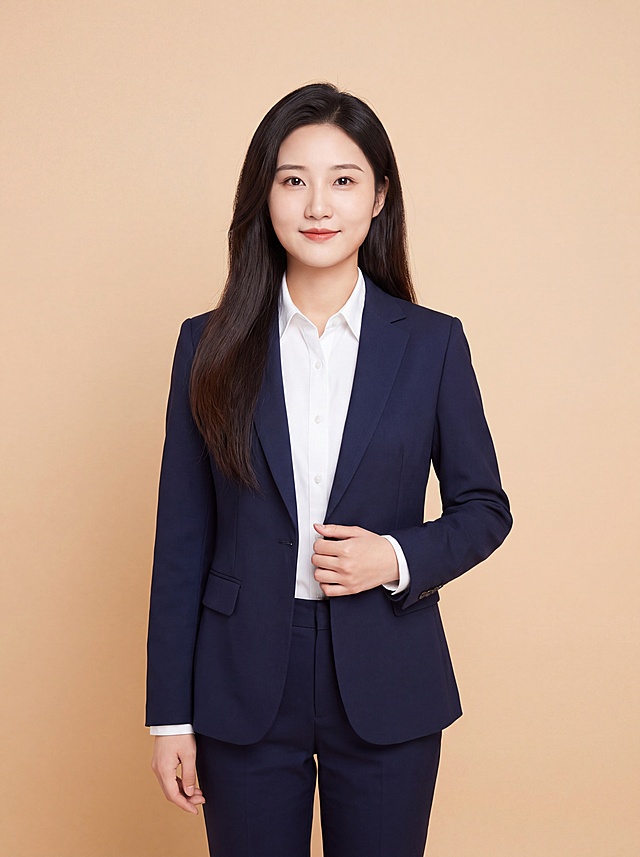 参考图中保留人物脸型、发型、年龄等特征生成教师职业正装形象照,标准焦段50mm,f/4光圈(f/2.8-f/4区间),平视视角(镜头与人物视线齐平);人物占画面70%,人物居中(居中构图),位于画面中心,为视觉聚焦点,入境范围头部及以下至臀部下方10cm(半身像);左右留少量背景空间;头部与画面顶部保留5%空间;头部发型完整,头肩比例协调,人物结构准确;身穿藏青色精纺羊毛混纺西装外套,(平驳领设计,面料呈细腻微微哑光质感);内搭白色高支精梳棉衬衫;下装藏青色精纺羊毛混纺西装裤;着装正式干练;博学温润、知性亲和;身形匀称,姿态端正,身体挺拔。呈右手轻握西装前襟的自然站姿，肢体放松且自信;发质微微柔顺，微微蓬松。简约微微暖调米杏色纯色背景(呈现均匀柔和质感),背景光线均匀柔和,强化色彩对比的高级感,极简干净;画质超高分辨率、细节清晰,现代精致感风格;肤质精细化处理;眼神直视镜头,目光坚定且澄澈,表情自然。嘴角上扬;清透自然裸妆(轻薄底妆+淡唇妆)妆感轻薄轻透裸肌感,通透感肤质,肤质自然细腻,肤色健康均匀,雾面柔光裸肌感,保留真实皮肤细节｡正面柔光补光,4800K中性光,面部光比1:1.5,色调明亮｡中近景写实摄影,对焦清晰,高清保留皮肤细节｡分辨率4K,去除人物之外的所有元素。严格按照图片内容生成。画面比例3:4