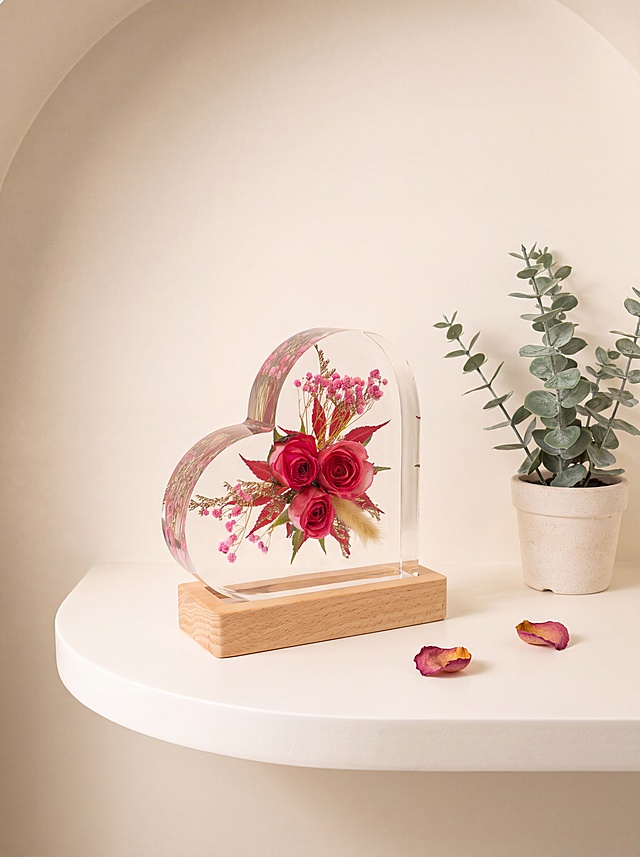 产品为心形树脂干花摆件，包含心形透明树脂块和原木底座，干花为三朵玫红色玫瑰搭配狗尾草、红叶和粉色满天星。保持产品主体物理结构绝对不变，不改变产品结构，产品中每张图只出现一次。树脂部分必须清亮透明犹如玻璃，画面干净无浮尘物。放置在奶白色弧形置物隔板，背景是柔和奶白色墙面，法式奶油风空间。全屋漫射柔光，浅暖低对比度，阴影柔和清淡。居中平视构图。旁边点缀一株小型尤加利绿植，桌面散落两片干枯玫瑰花瓣。商业级4K摄影，画面通透干净，符合国内电商种草风格。保持3:4画面比例。负向词：西方面孔,金发,深眼窝,雀斑,杂乱房间,死黑阴影,硬光,乡村风,高对比度,欧美妆容,变形,扭曲,穿模,重叠,比例失调,浮尘,脏污,树脂浑浊,多个产品