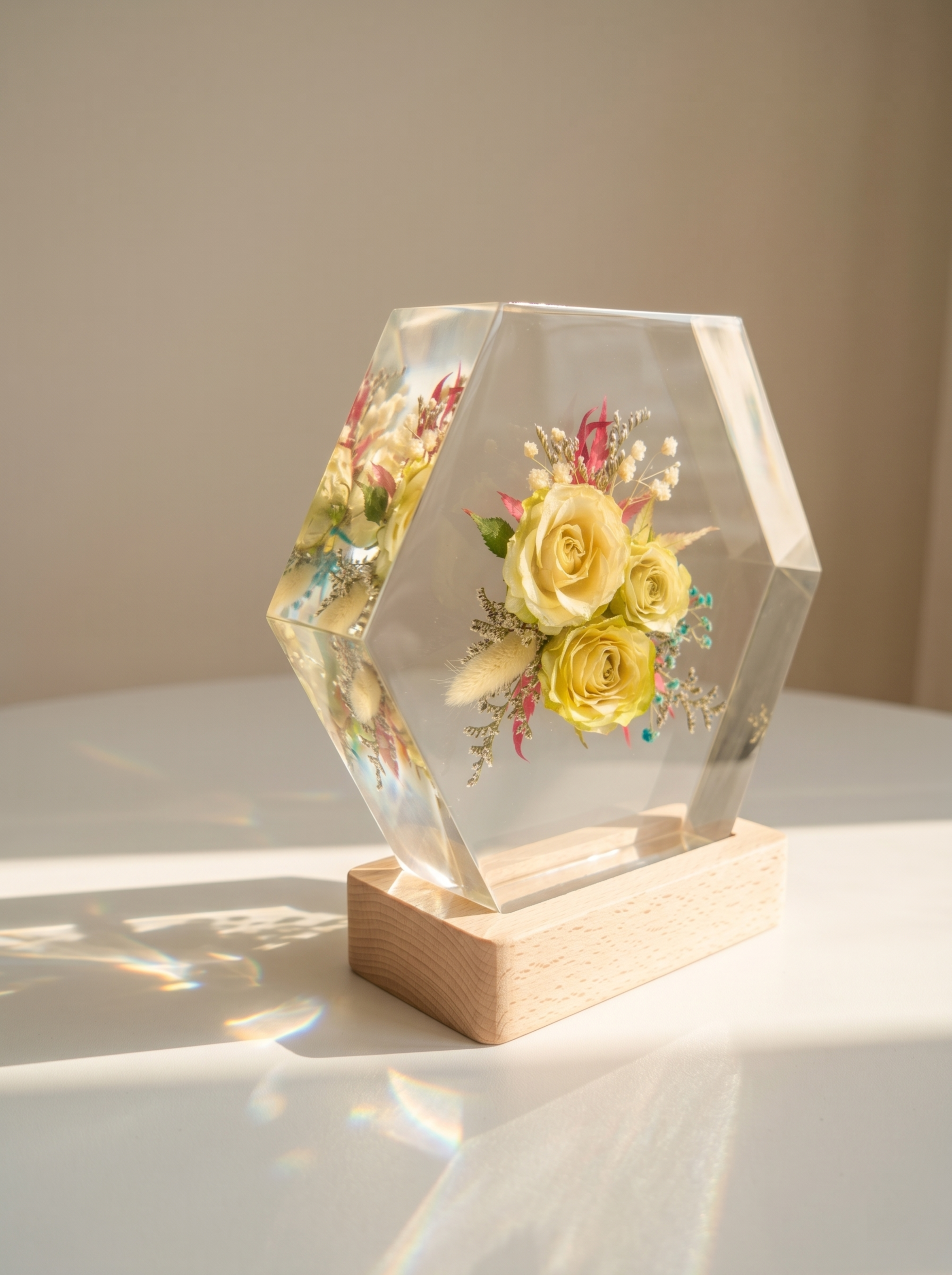 产品为六边形树脂干花摆件，包含六边形透明树脂块和原木底座，干花… - 图片创意预览