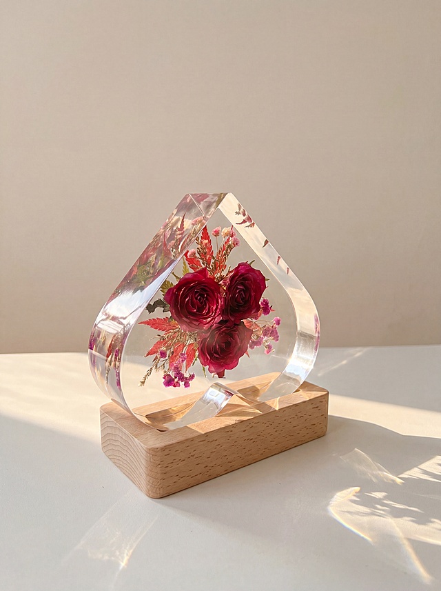 产品为心形树脂干花摆件，包含心形透明树脂块和原木底座，干花为三朵酒红色玫瑰搭配红叶和紫色配草。保持产品主体物理结构绝对不变，不改变产品结构，产品中每张图只出现一次。树脂部分必须清亮透明犹如玻璃，画面干净无浮尘物。放置在浅白色哑光台面上，侧光拍摄，阳光从侧面照射，增强透光感，阳光透过透明树脂形成美丽的光斑。背景是浅米色墙面，干净简洁。侧视角度构图，展示产品侧面透光质感。柔和暖调阳光，低对比度。商业级4K摄影，画面通透干净，符合国内电商种草风格。保持3:4画面比例。负向词：西方面孔,金发,深眼窝,雀斑,杂乱房间,死黑阴影,硬光,乡村风,高对比度,欧美妆容,变形,扭曲,穿模,重叠,比例失调,浮尘,脏污,树脂浑浊,多个产品