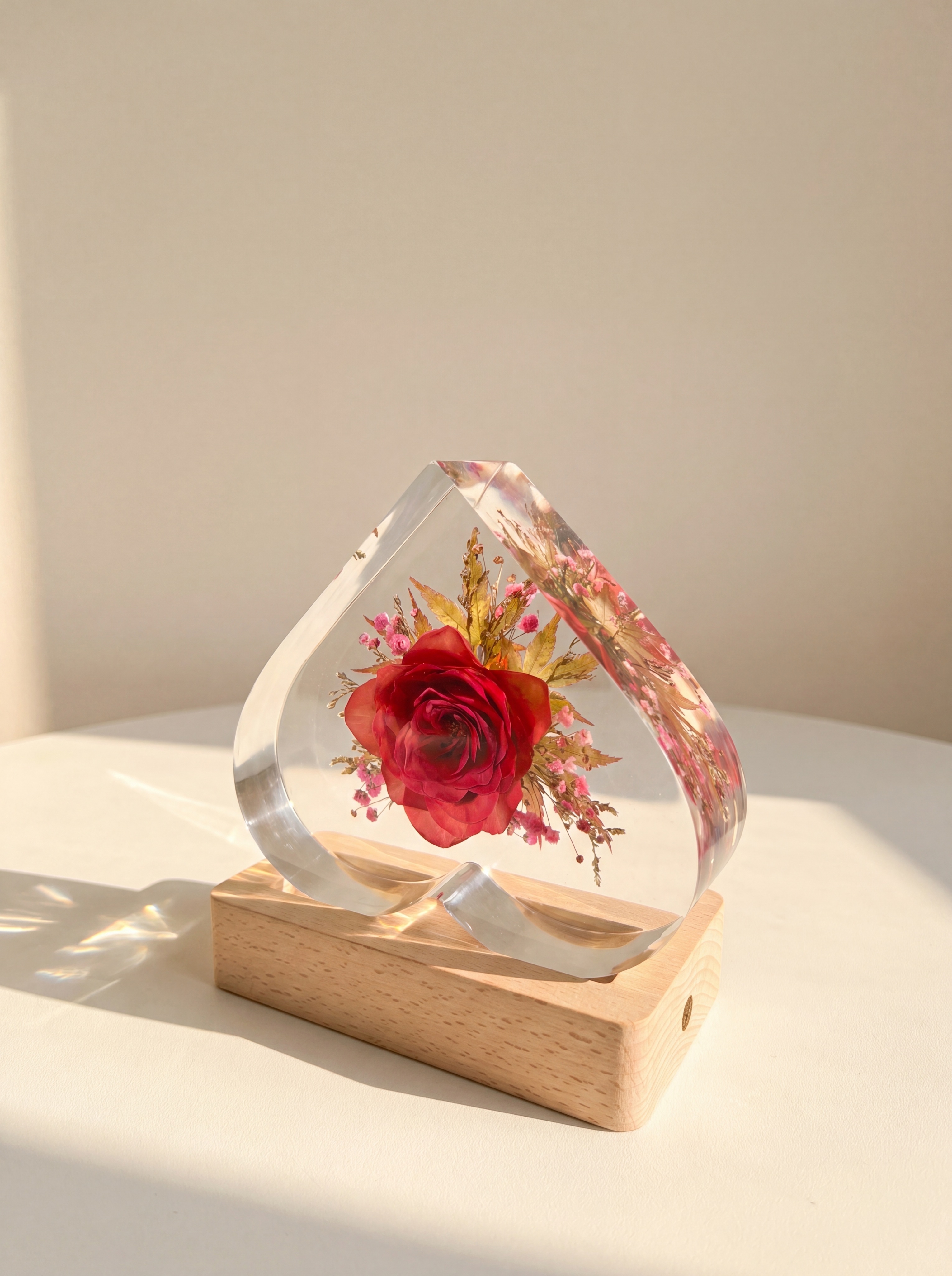 产品为心形树脂干花摆件，包含心形透明树脂块和原木底座，干花为一… - 图片创意预览