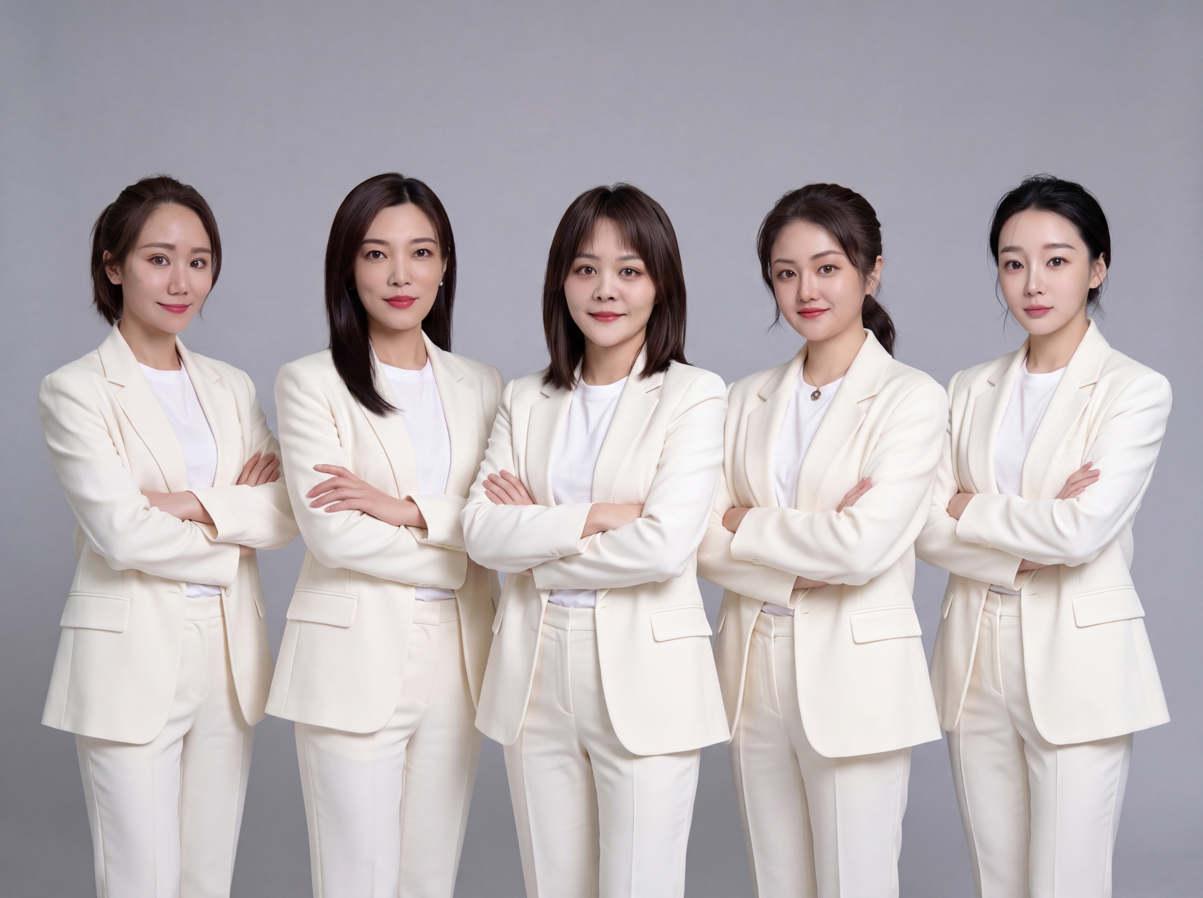 五人职业女性团队合照，保留参考图中每位女性的面部特征、发型和年… - 图片创意预览