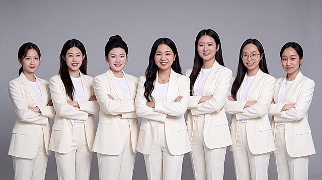 7位亚洲职业女性的团队合照，一字横排站立，从左到右顺序调整为：第1位扎低马尾的年轻女性、第2位黑色长直发的年轻女性、第3位黑色盘发的女性、第4位黑色长卷发戴金色项链的女性（原左二，现站在正中间）、第5位黑色长直发的高个女性、第6位戴圆框眼镜黑色长直发的女性、第7位黑色盘发稍年长的女性。所有人都身穿米白色西装套装，内搭白色T恤，双手交叉抱于胸前，姿态端正自信，面带微笑看向镜头。高级灰渐变背景，背景光线均匀柔和，专业影棚布光，正面补光，面部光比1:1.5，4800K中性光。半身照构图（到大腿位置），人物间距均匀，整体和谐统一，团队感强。超高清画质，皮肤质感自然细腻，哑光肤质，保留真实皮肤细节，专业商业人像摄影风格，画面干净高级。