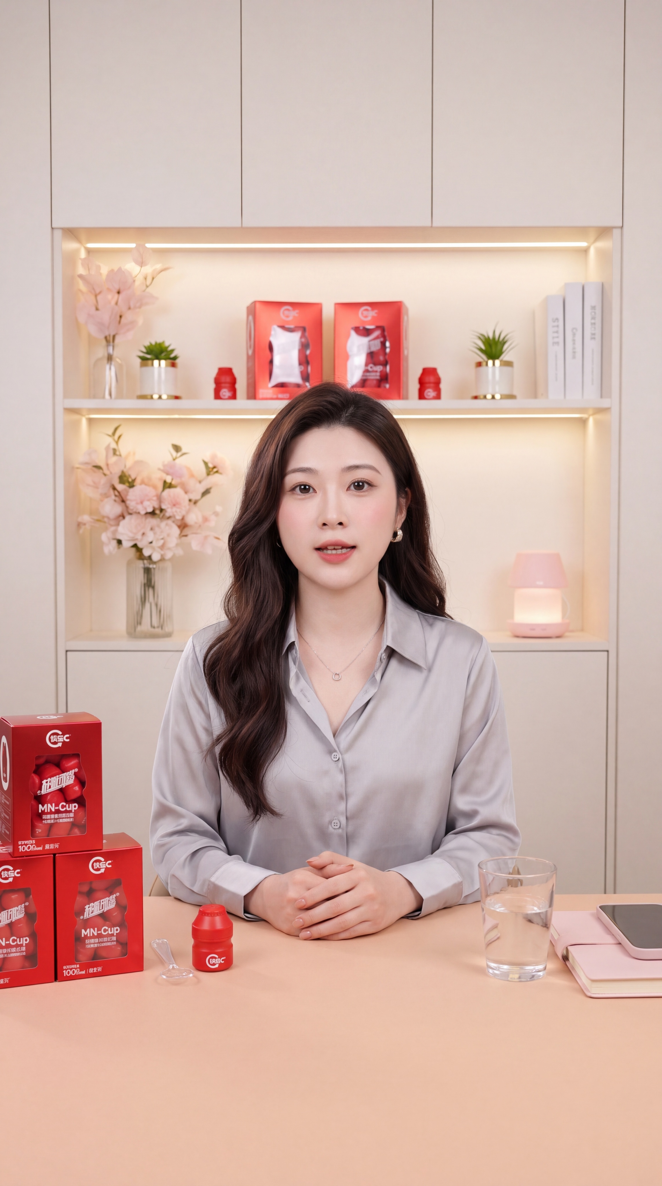 参考第一张图女主的五官和形象，主播坐在浅杏色岩板桌前，对着镜头… - 图片创意预览
