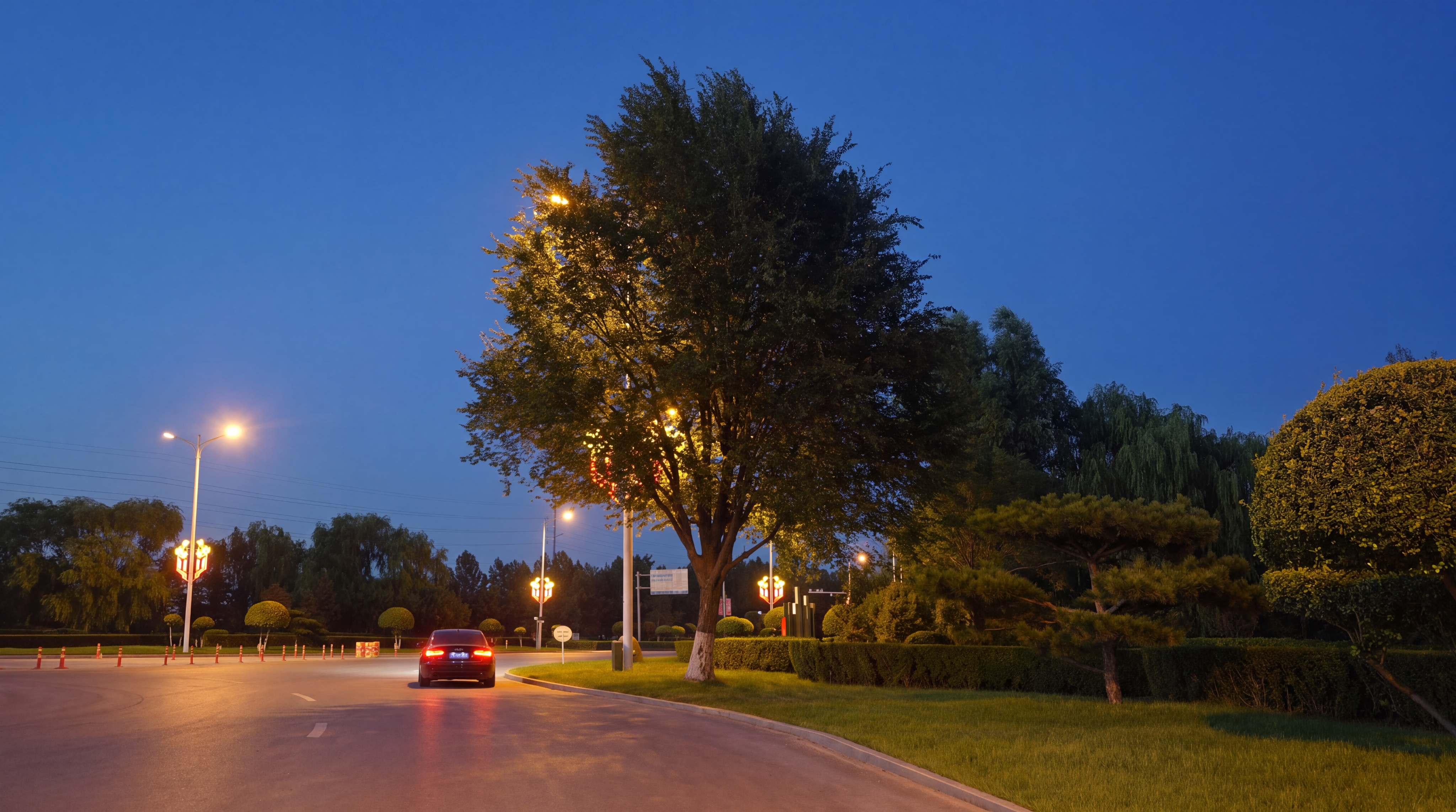 将这张白天道路景观图修改为夜景，营造夜间光环境，将路灯点亮，路… - 图片创意预览