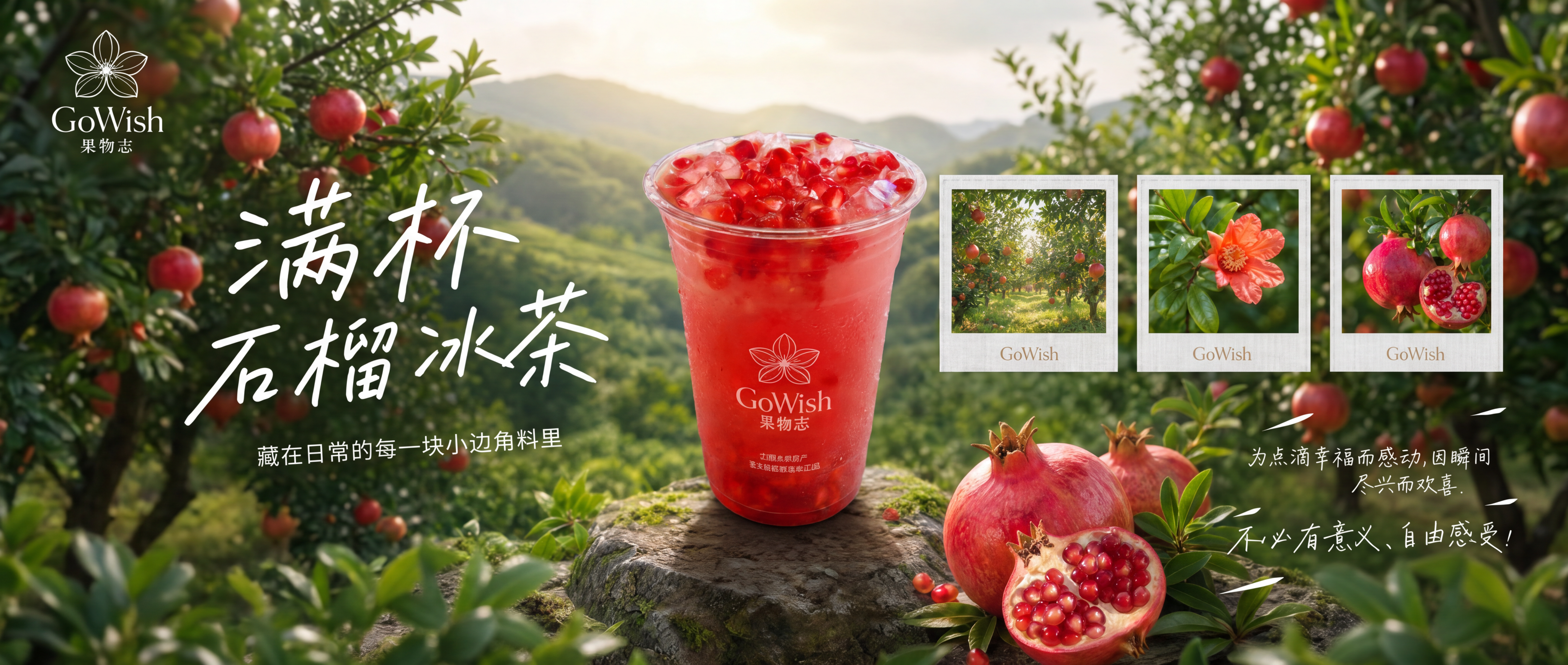 参考原图的满杯石榴冰茶饮品海报，重新设计为横版16:5比例，适… - 图片创意预览