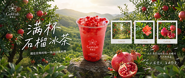 参考原图的满杯石榴冰茶饮品海报，重新设计为横版16:5比例，适用于美团外卖平台。保留核心元素：GoWish果物志品牌logo、满杯石榴冰茶产品杯、石榴果实、石榴园山林背景、三张拍立得风格小图（石榴园、石榴花、石榴果实）。调整布局为横版宽幅构图，产品杯居中突出，标题文字"满杯石榴冰茶"醒目清晰，整体风格清新自然、有食欲感，适合外卖平台banner展示。