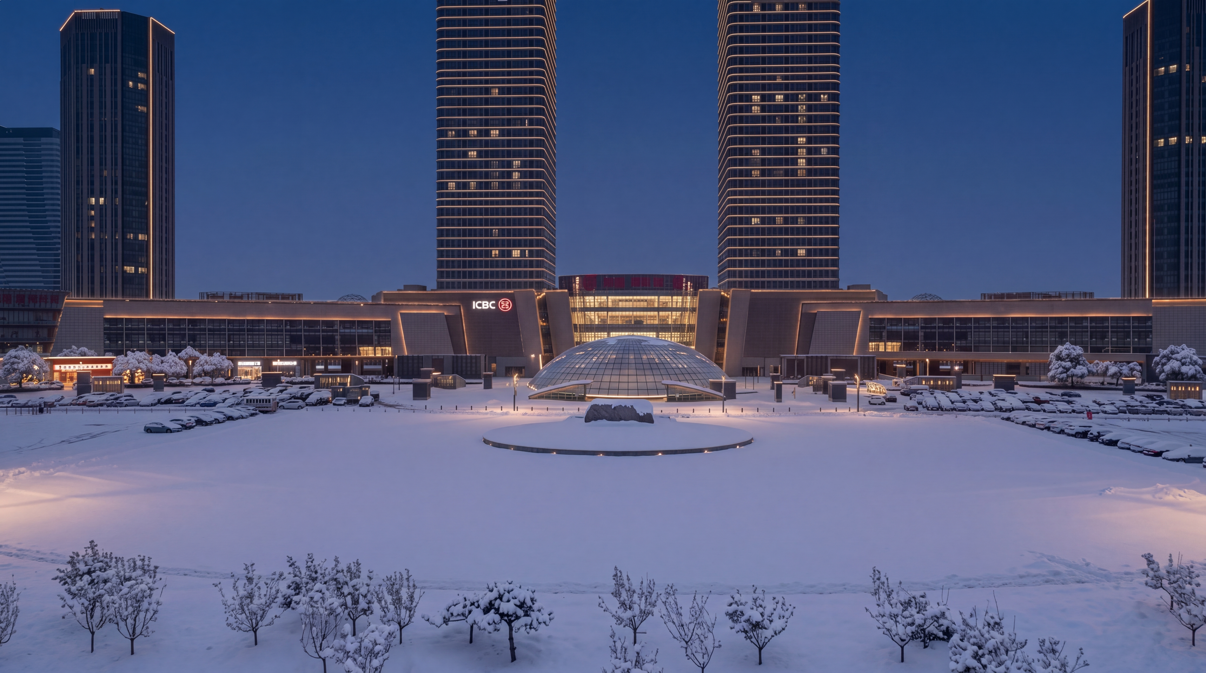 将图中的地面、广场、停车场和前景草地全部改为厚厚的积雪地面，呈… - 图片创意预览