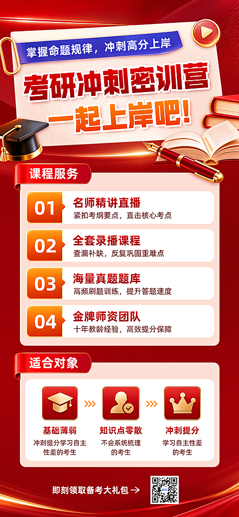 考研冲刺培训教育培训课程海报。红色背景展示考研密训营招生信息，包含名师直播、录播课程及真题题库服务。画面配有学士帽和书籍元素，适合备考人群查看