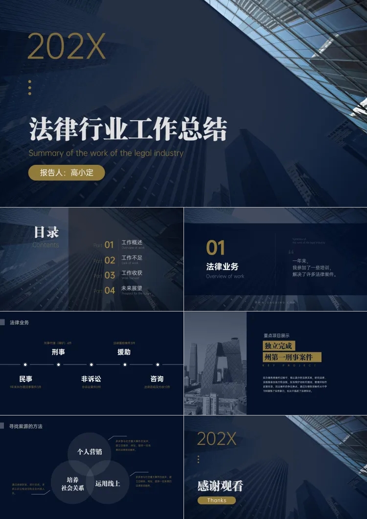 点击进入编辑 深蓝商务律师法律总结PPT预览效果