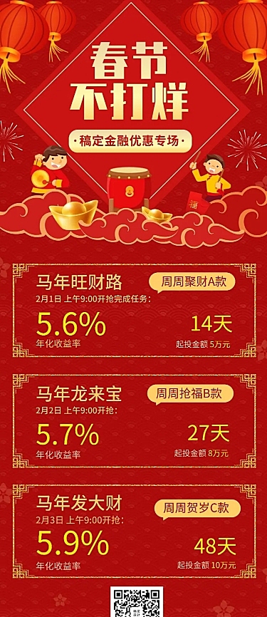 金融保险理财产品营销春节不打烊优惠专场长图海报