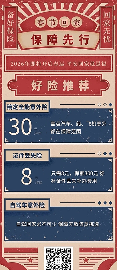金融保险产品营销复古风春节好险推荐长图海报