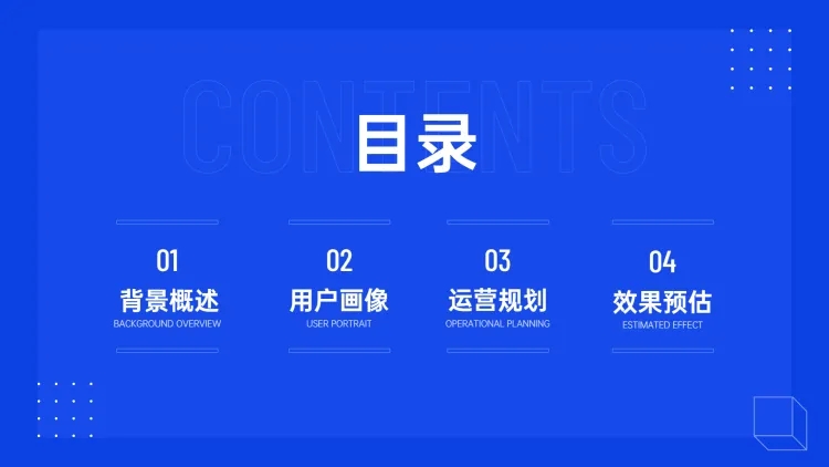 点击进入编辑 极简商务运营方案PPT目录页预览效果