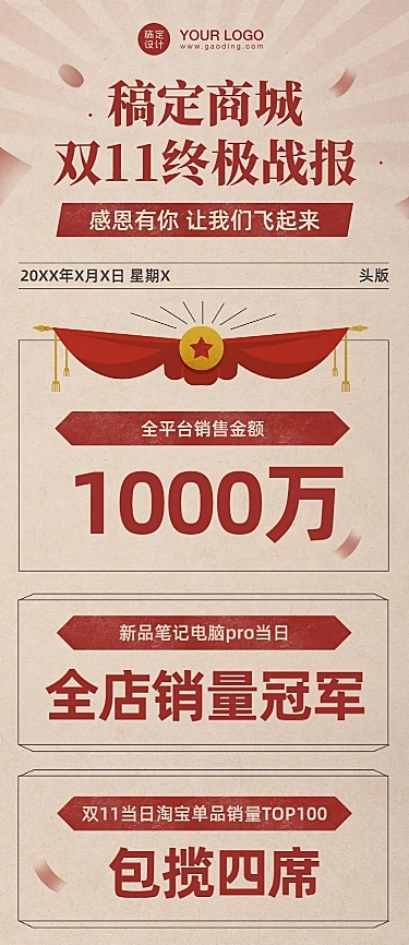 双11销售业绩战报喜报文章长图