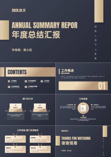 黑金极简年终总结汇报PPT预览效果