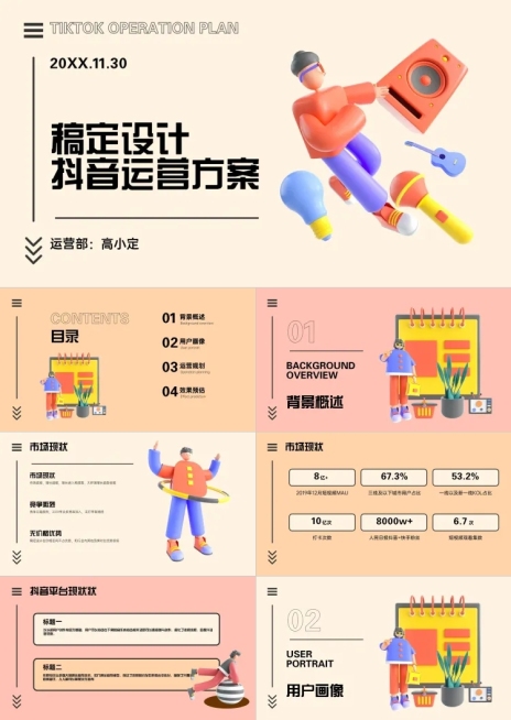 3D创意互联网抖音运营策划PPT预览效果