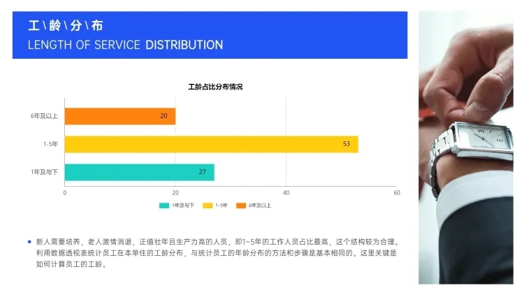 简约HR通用工龄分析图表PPT图文页预览效果