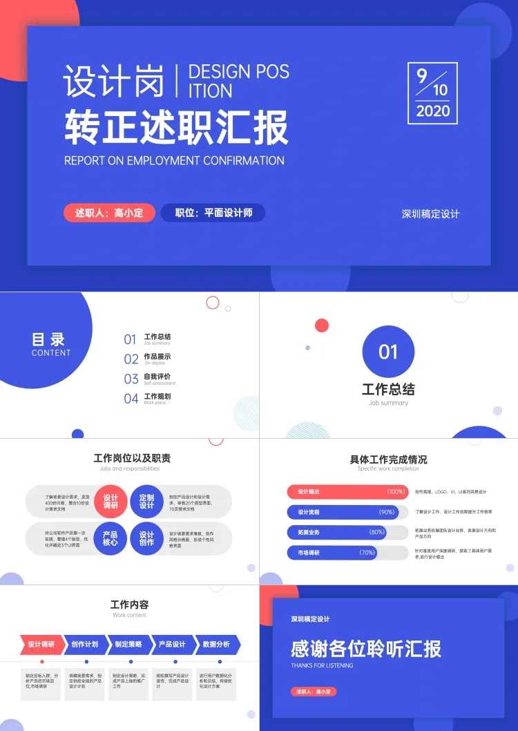点击进入编辑 简约设计岗转正述职汇报PPT预览效果