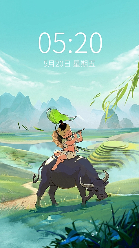 牧童放牛清新手绘插画手机壁纸