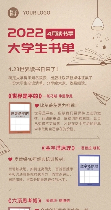 世界读书日书单推荐长图海报