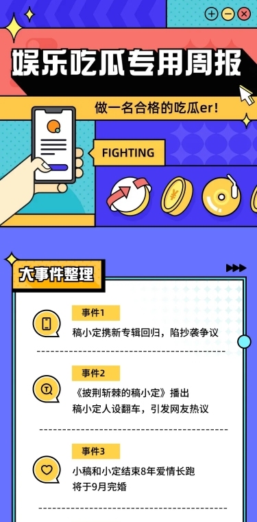 插画风娱乐吃瓜八卦公告长图