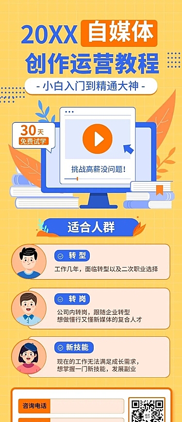自媒体运营知识付费招生长图海报