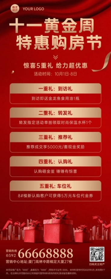 十一黄金周房地产优惠喜庆长图海报预览效果