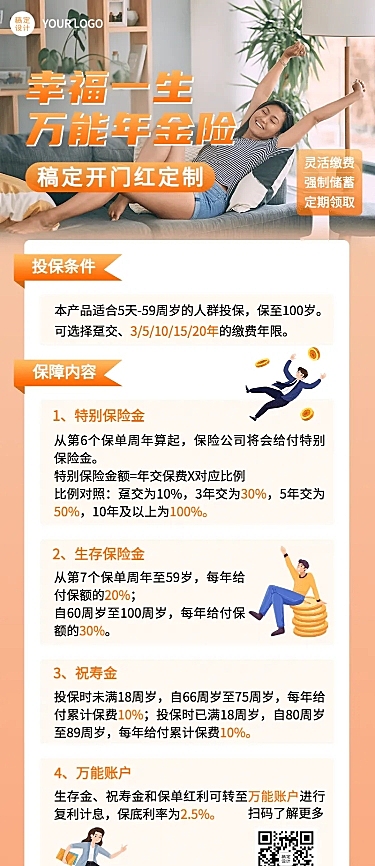 金融保险宣传推广扁平长图海报