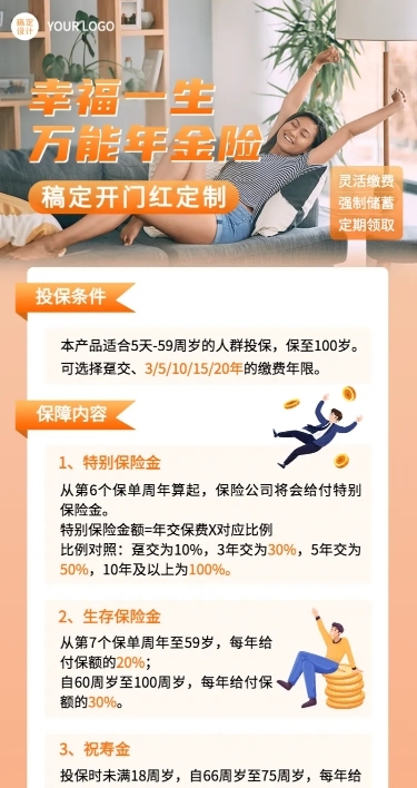 金融保险宣传推广扁平长图海报