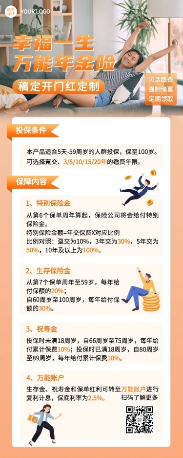 金融保险宣传推广扁平长图海报