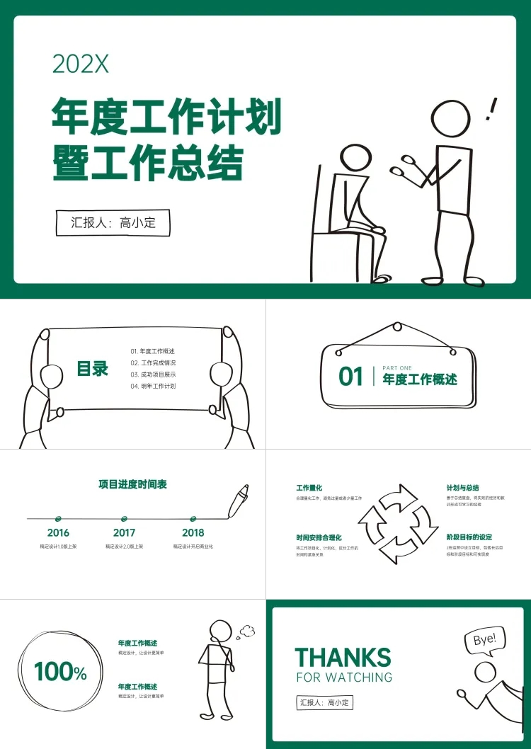 点击进入编辑 绿色简笔小人年终总结PPT预览效果