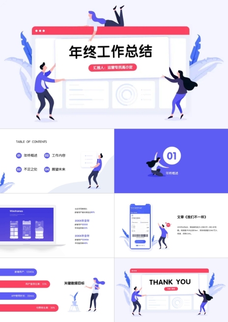 扁平插画运营年终总结PPT预览效果