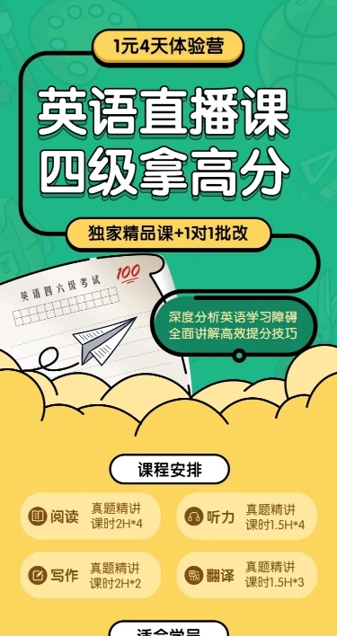 英语直播课四级拿高分长图海报