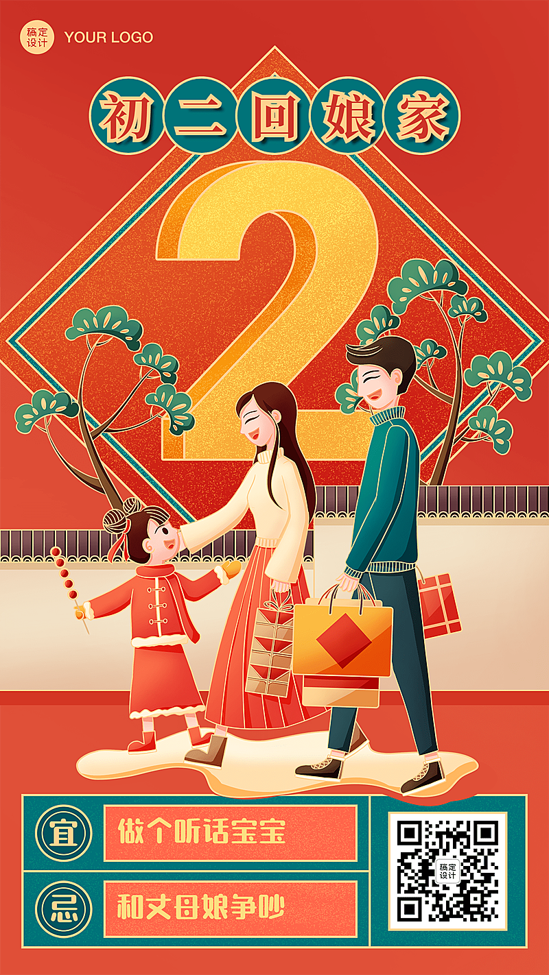 春节新年正月初二祝福海报