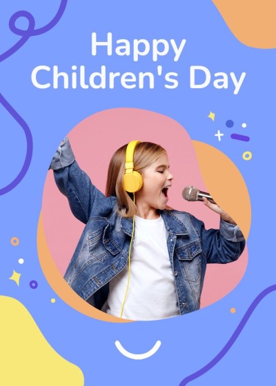 Cute Hand Painted Lines Decorate Singing Girl American Children's day Card
