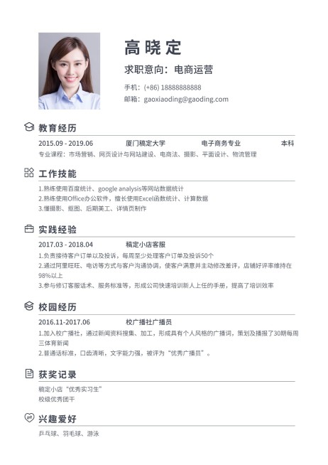 电商运营简历（实习应届）预览效果