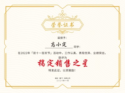双十一员工表彰荣誉证书奖状