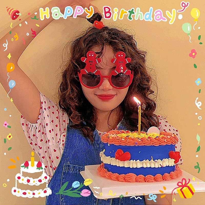 人物照片涂鸦生日快乐蛋糕自拍晒照plog模板